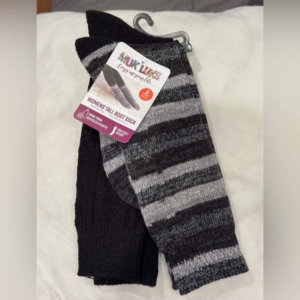 Muk Luks 2 pair pack Grey Black Stripe and Black Tall Boot Socks